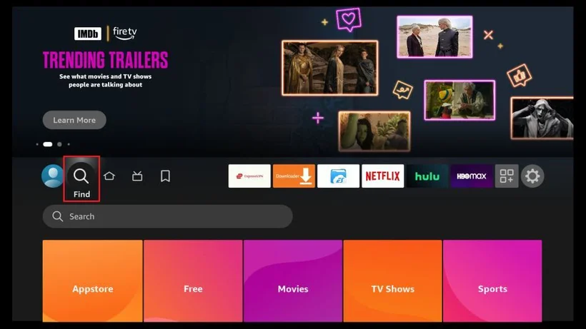 Example Fire TV home screen with the Find control highlighted